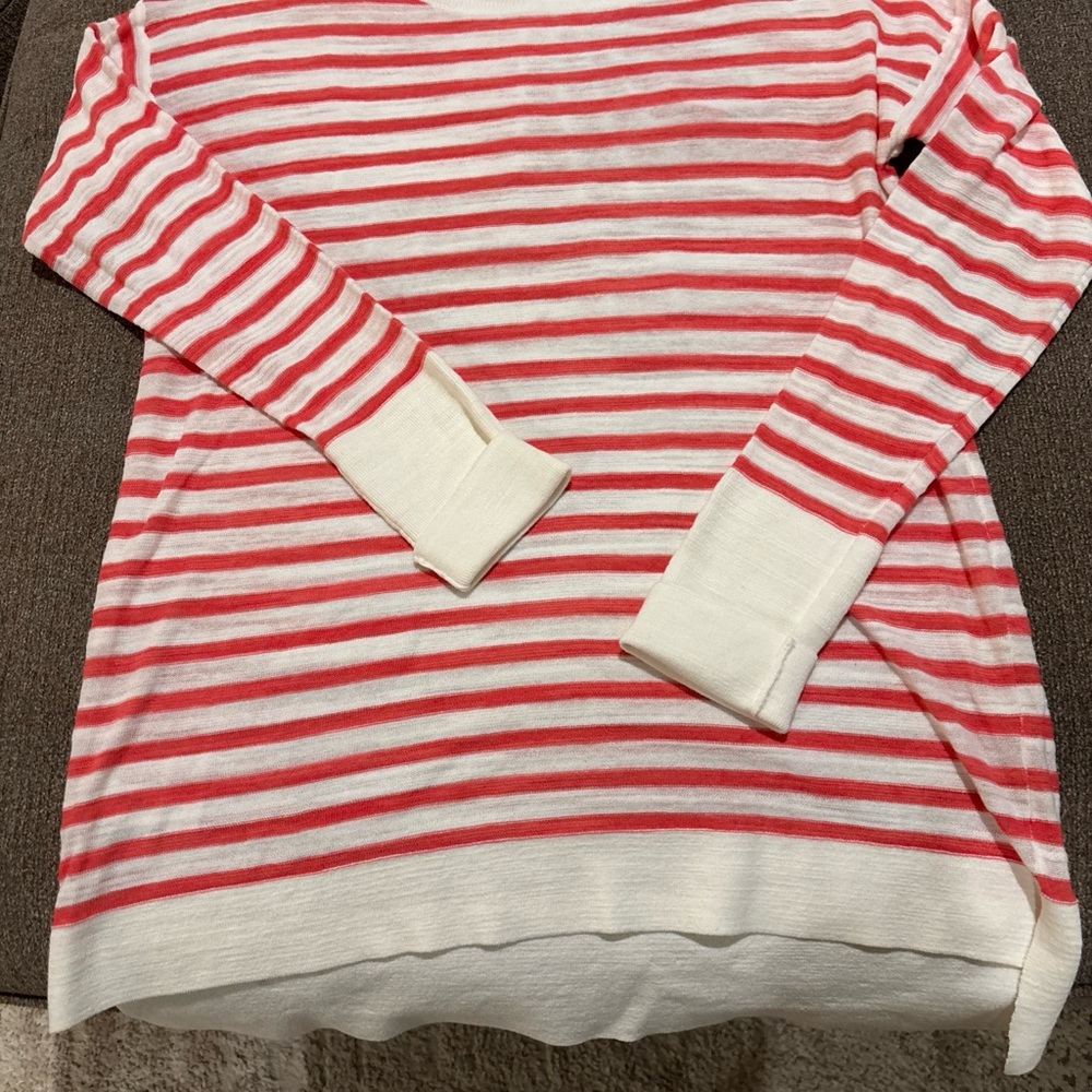 LOFT Striped Crewneck Sweater — White & Coral